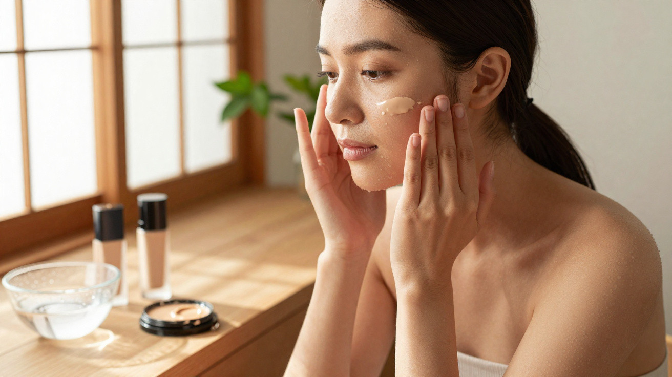 Mulher aplica creme hidratante no rosto junto a uma janela numa mesa com produtos de beleza.
