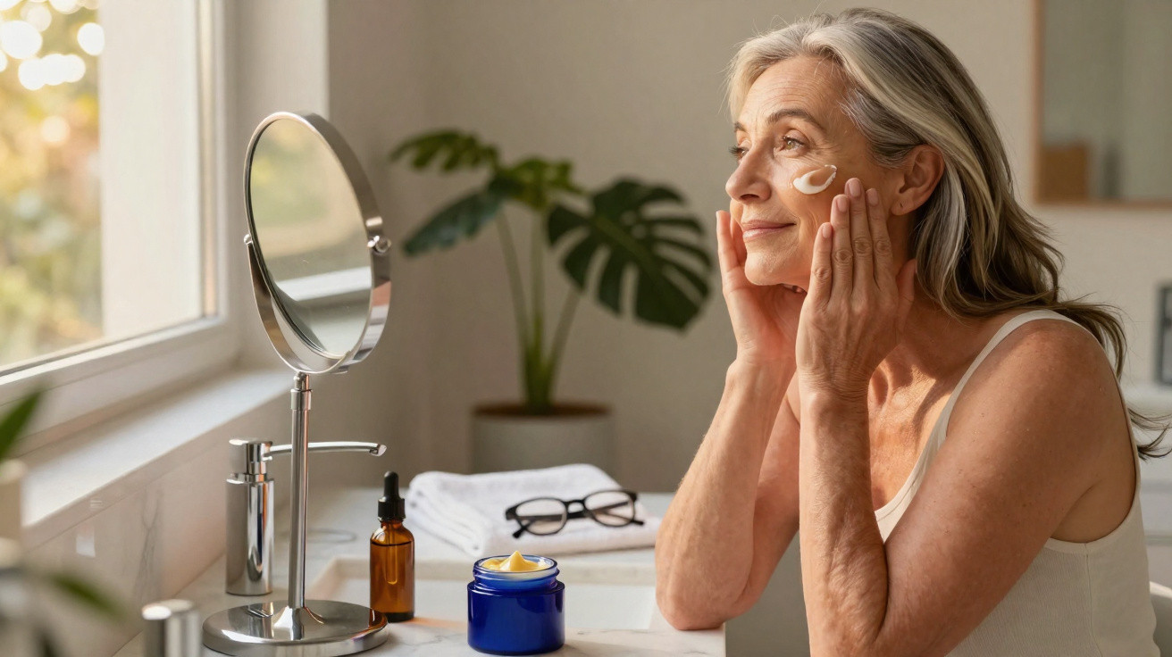 Mulher idosa a aplicar creme facial junto a espelho numa mesa com toalha, óculos e frascos de cosméticos.