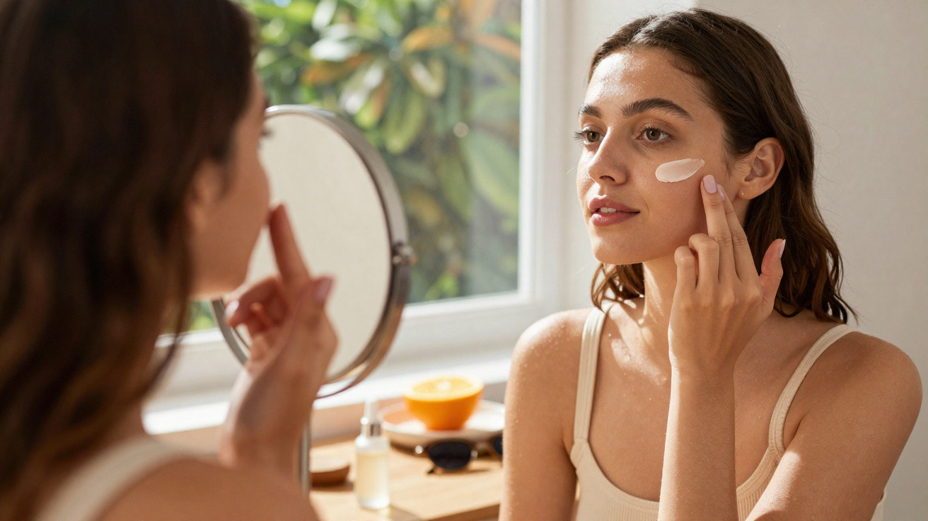 Mulher a aplicar creme no rosto enquanto se olha ao espelho numa divisão iluminada pela luz natural.
