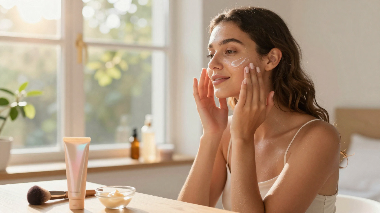 Mulher a aplicar creme hidratante no rosto, sentada junto a uma mesa com produtos de beleza.