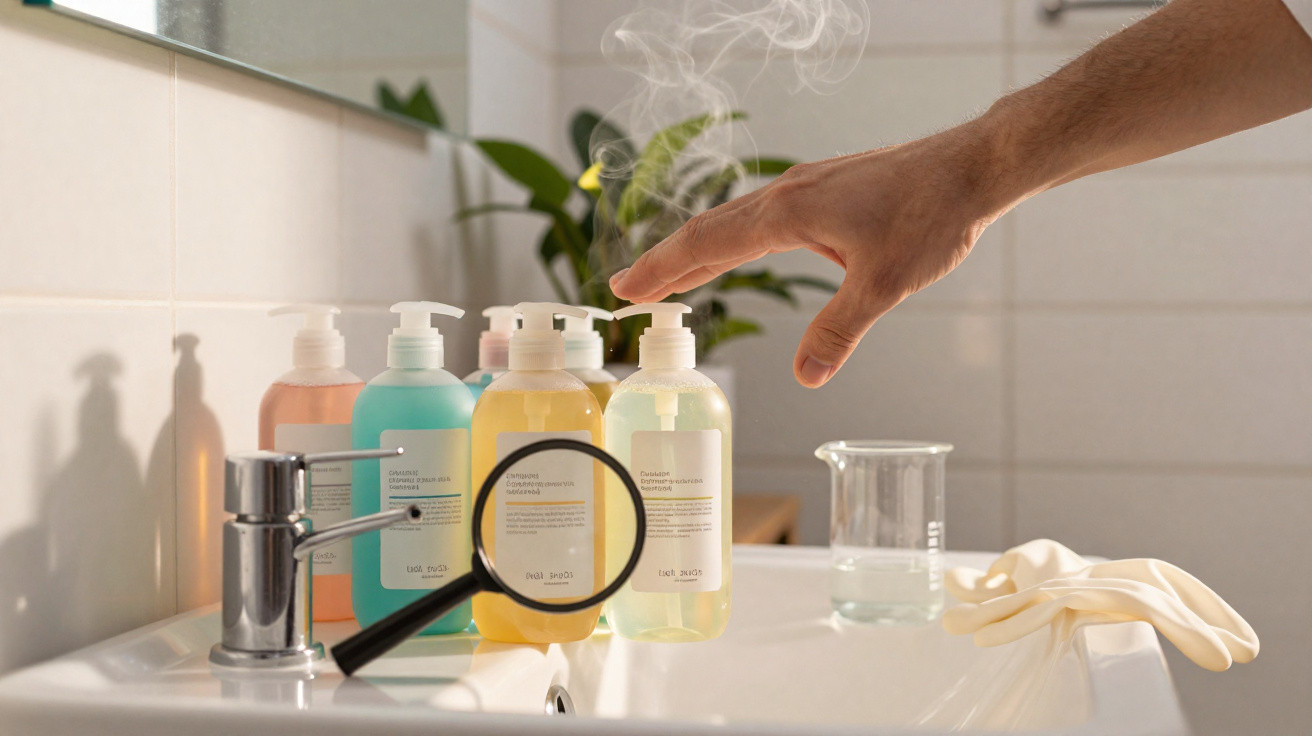 Mão sobre frascos de produto com lupa a destacar texto, perto de lava mãos com vapor e luvas no lavatório.