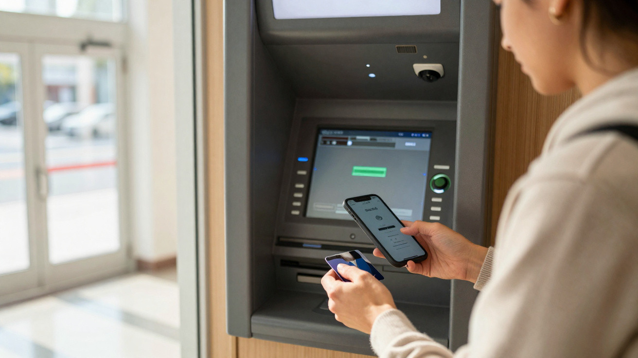 Homem insere cartão num multibanco enquanto segura um telemóvel na mão direita.
