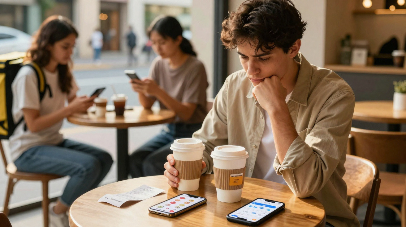 Jovem sentado numa cafetaria com duas chávenas de café e um smartphone na mesa, rodeado por outras pessoas.