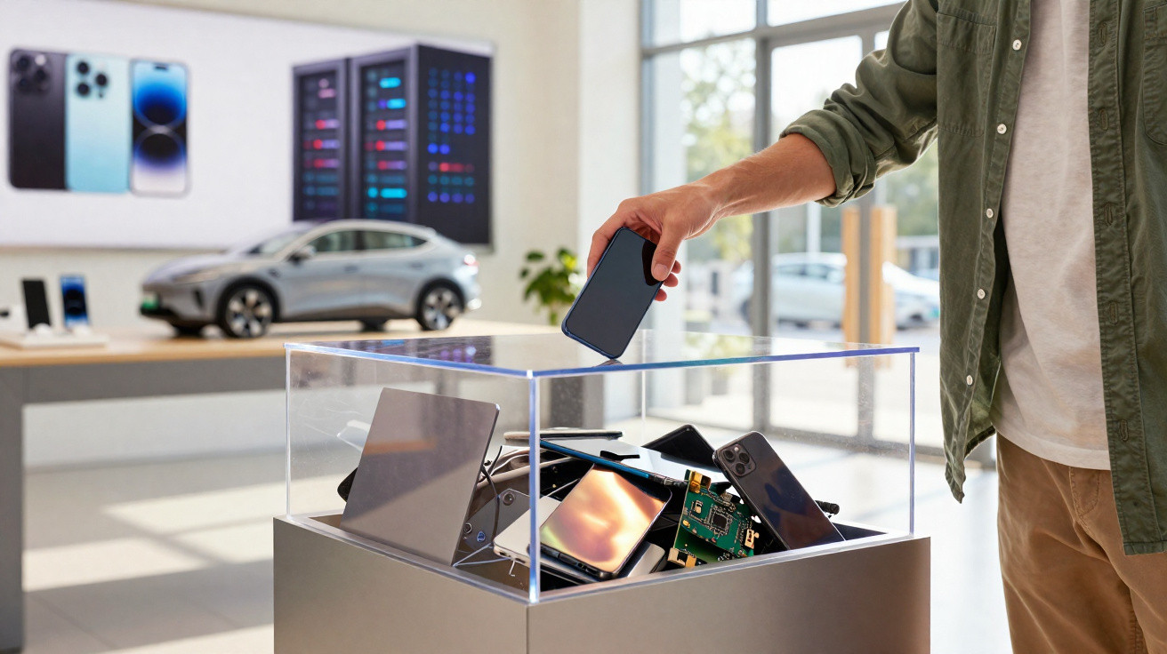 Mão a colocar telemóvel usado numa caixa transparente cheia de telemóveis e peças eletrónicas sobre mesa.