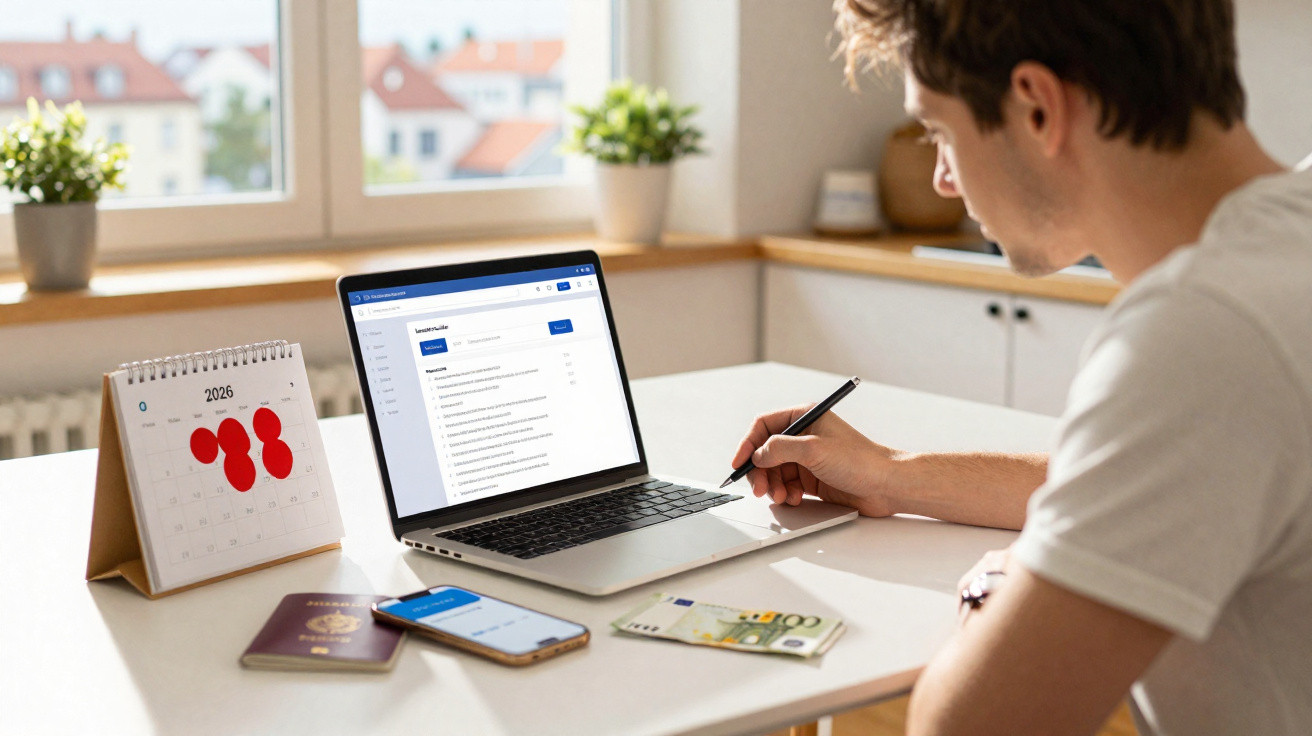 Homem sentado a escrever numa secretária com calendário, portátil, smartphone, dinheiro e passaporte à frente.
