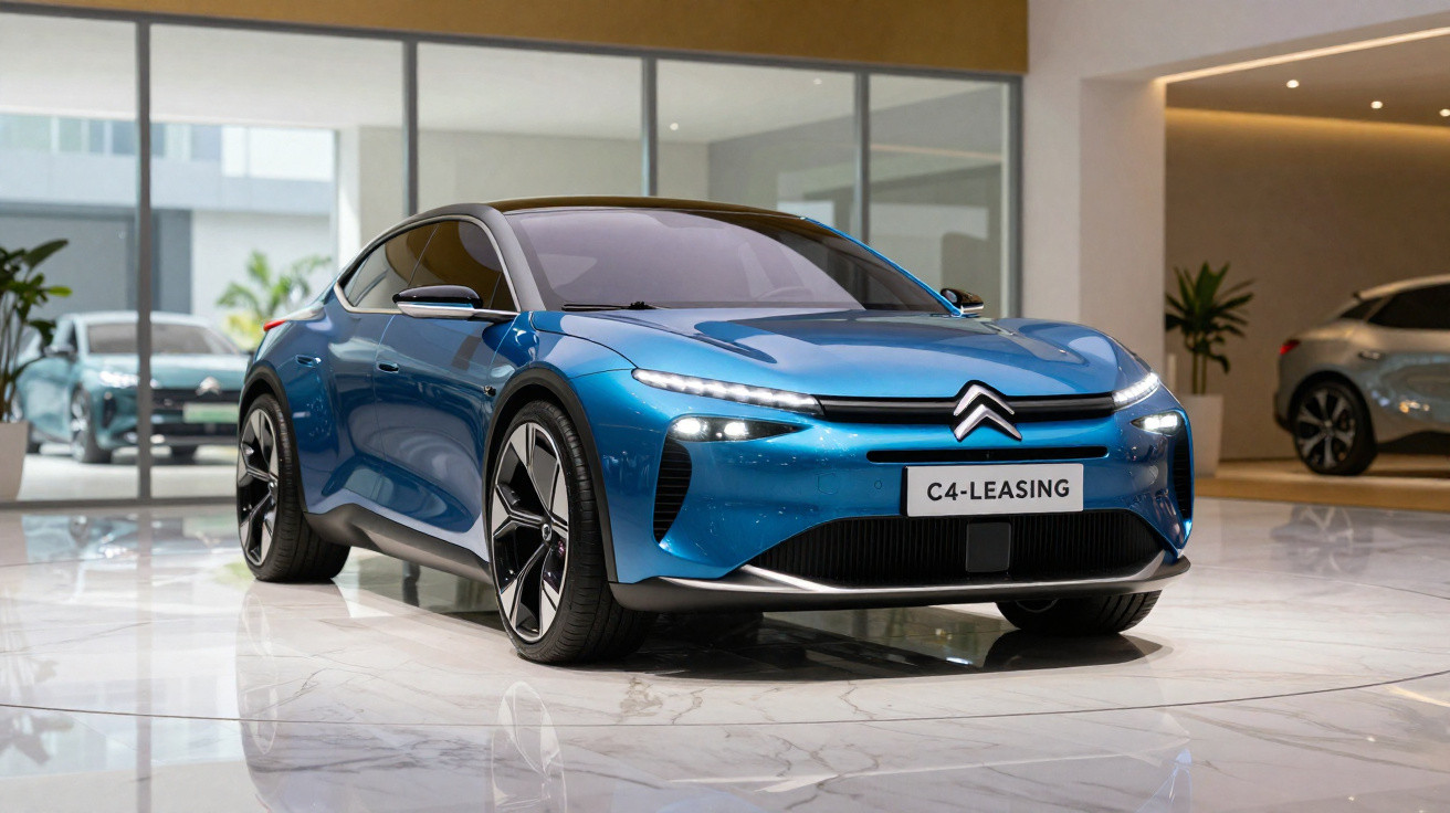 Automóvel Citroën C4 azul metálico em exposição num showroom moderno.