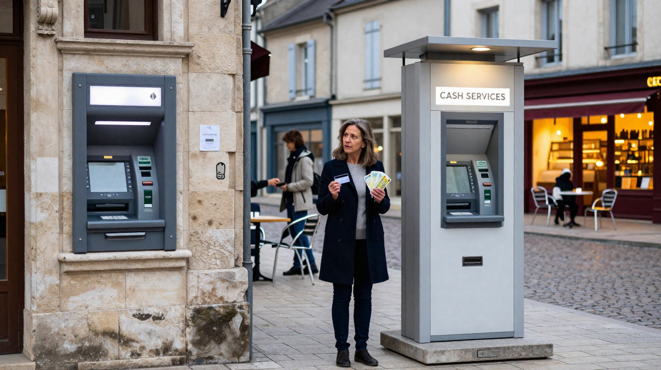 Mulher de casaco escuro usa multibanco numa rua com máquinas de ATM e edifícios antigos ao fundo.