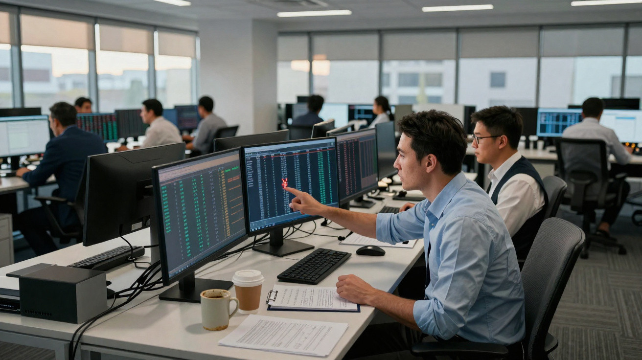 Homem a analisar dados financeiros em vários ecrãs num escritório moderno com colegas ao fundo.