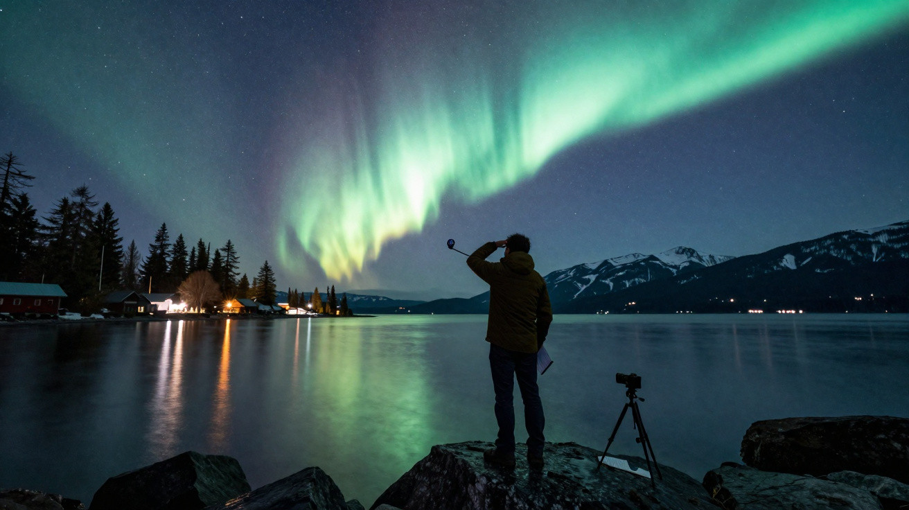 Pessoa a fotografar a aurora boreal sobre lago, com montanhas e casas numa paisagem noturna.