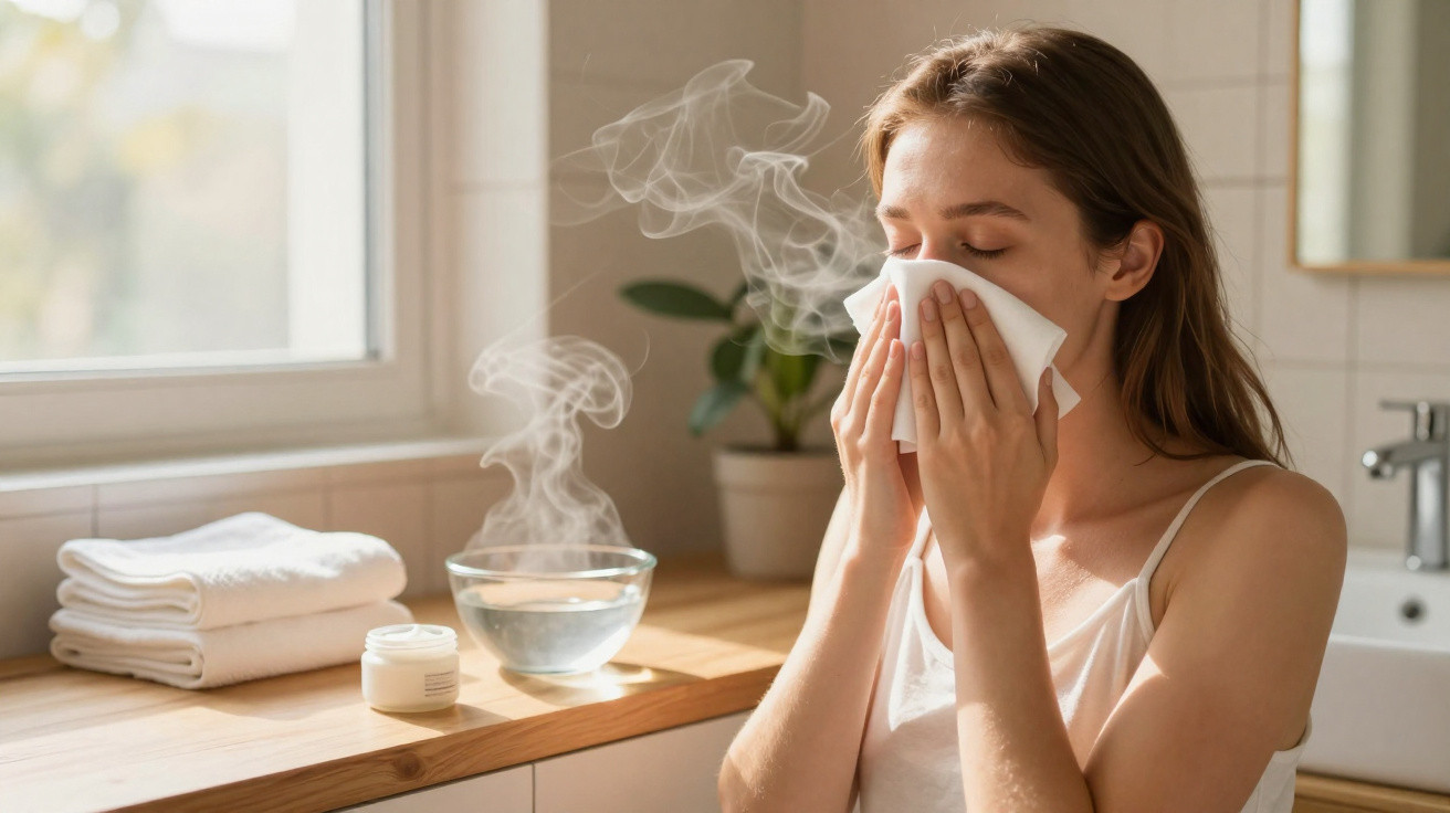 Mulher com olhos fechados a assoar o nariz com lenço num ambiente luminoso com vapor e toalhas ao lado.