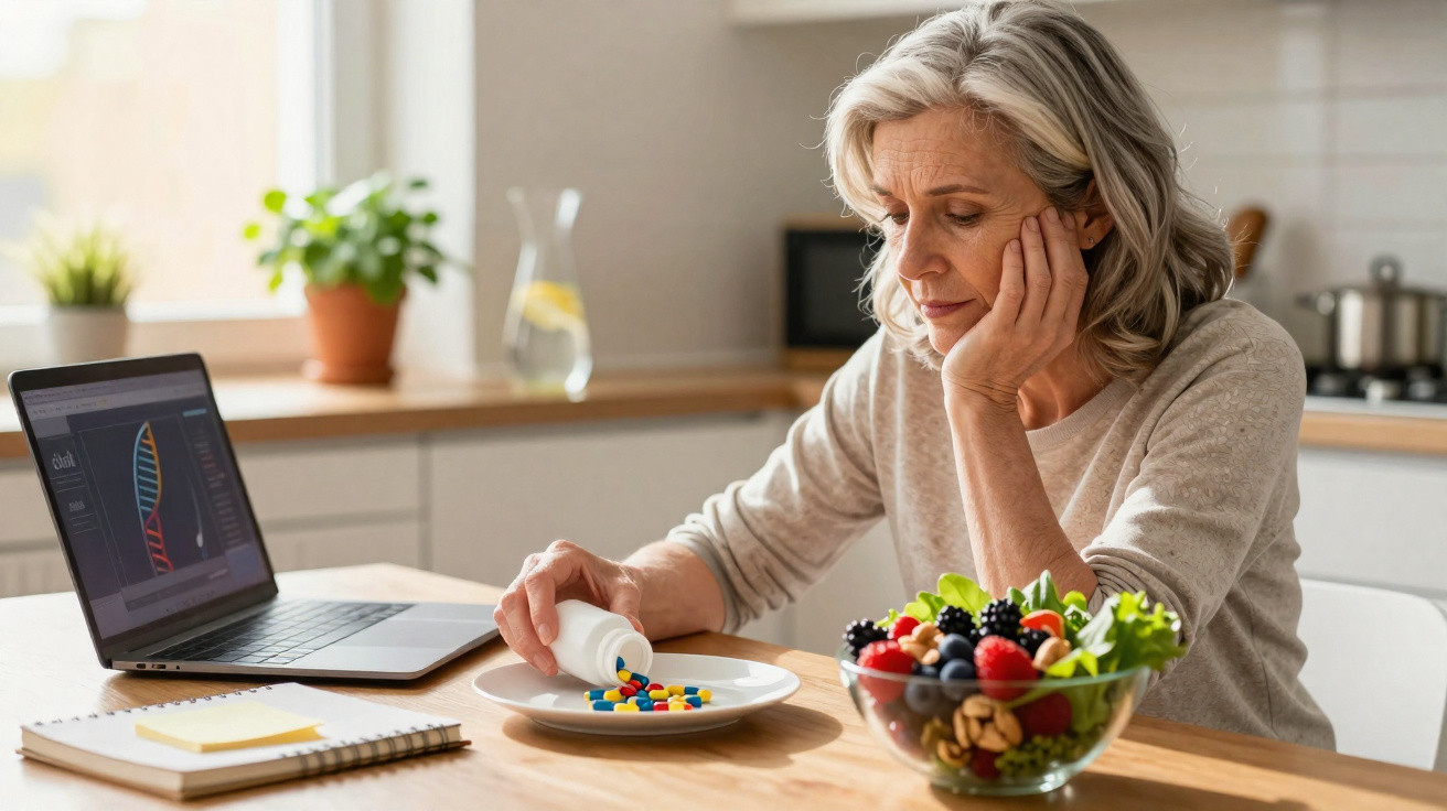 Mulher sénior sentada à mesa com laptop, a ver comprimidos e uma taça de fruta fresca na cozinha.