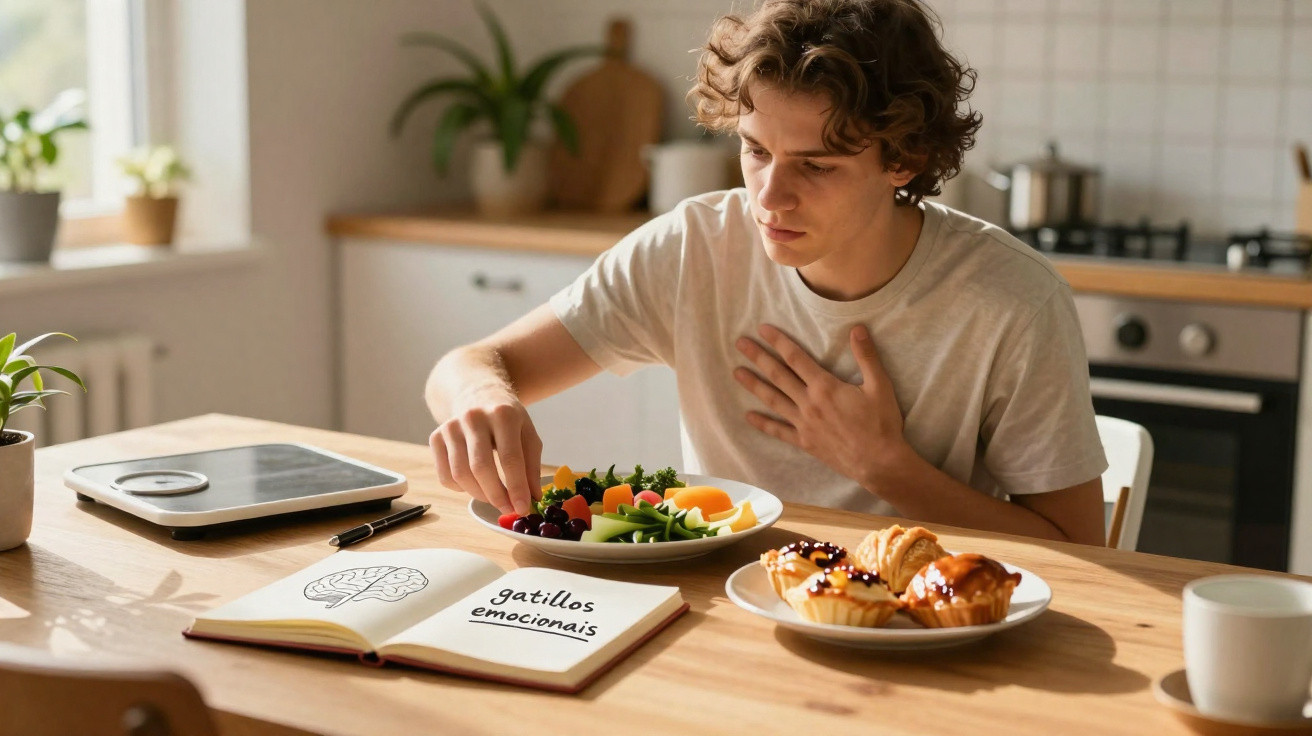 Jovem ao almoço, sentindo-se culpado ao pegar em doces, com livro aberto sobre gatilhos emocionais na mesa.