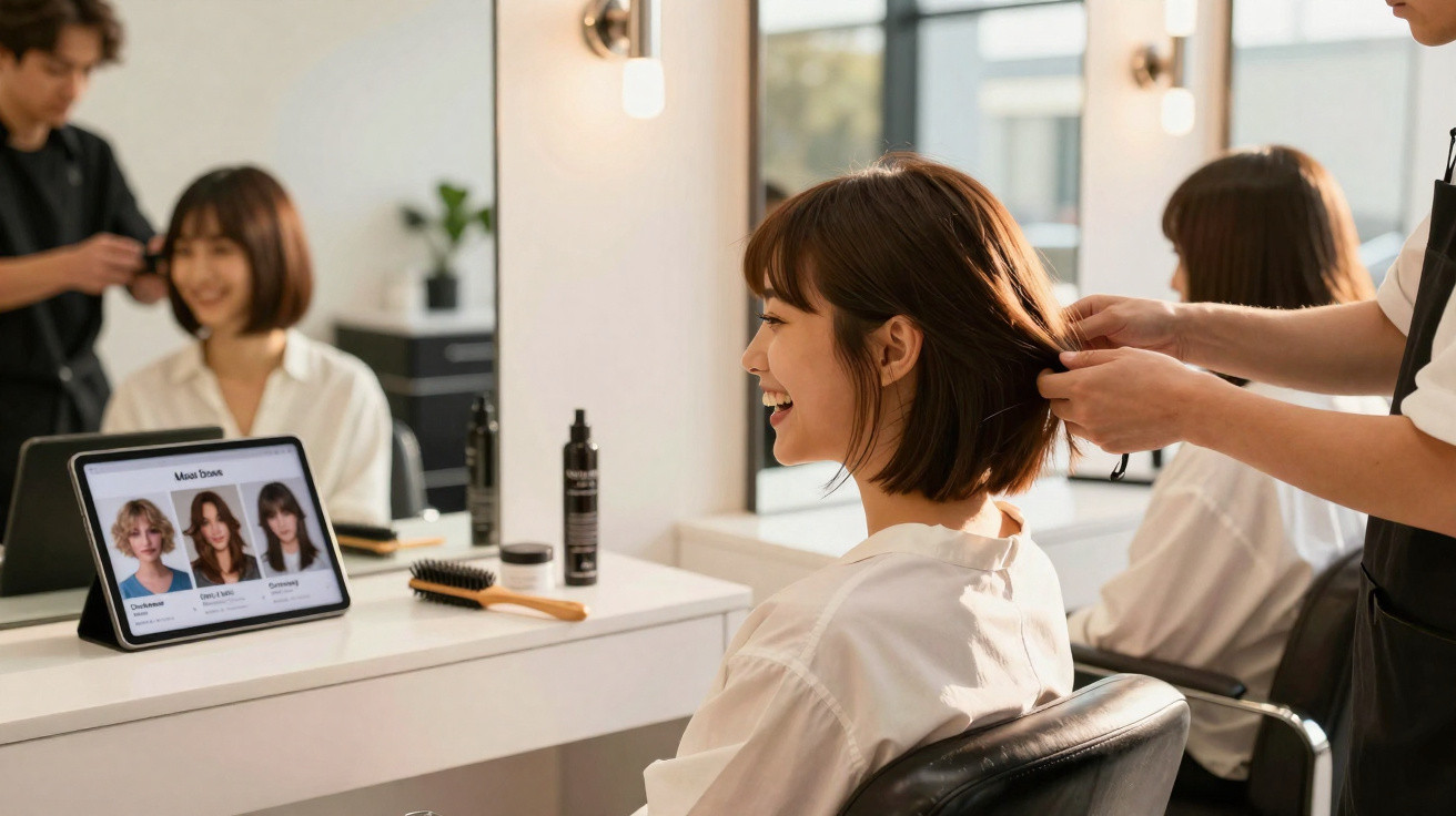Mulher sorridente no salão de cabeleireiro, com cabeleireiro a tratar do seu cabelo curto castanho.