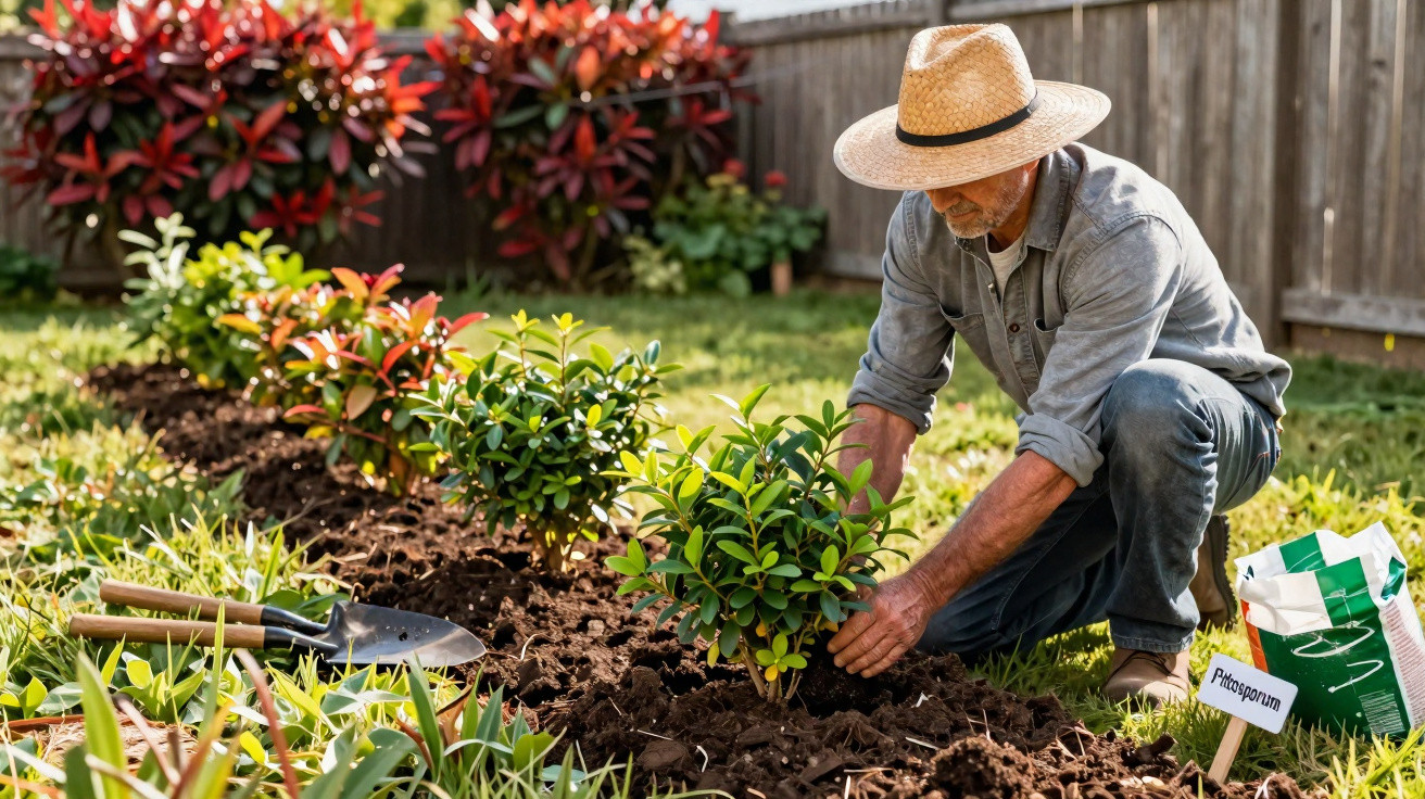 Homem com chapéu a plantar arbusto num jardim junto a vedação de madeira.
