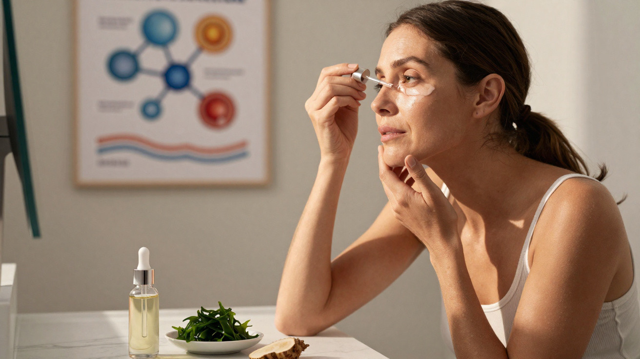 Mulher aplica sérum facial num ambiente de casa de banho com produtos naturais na bancada.