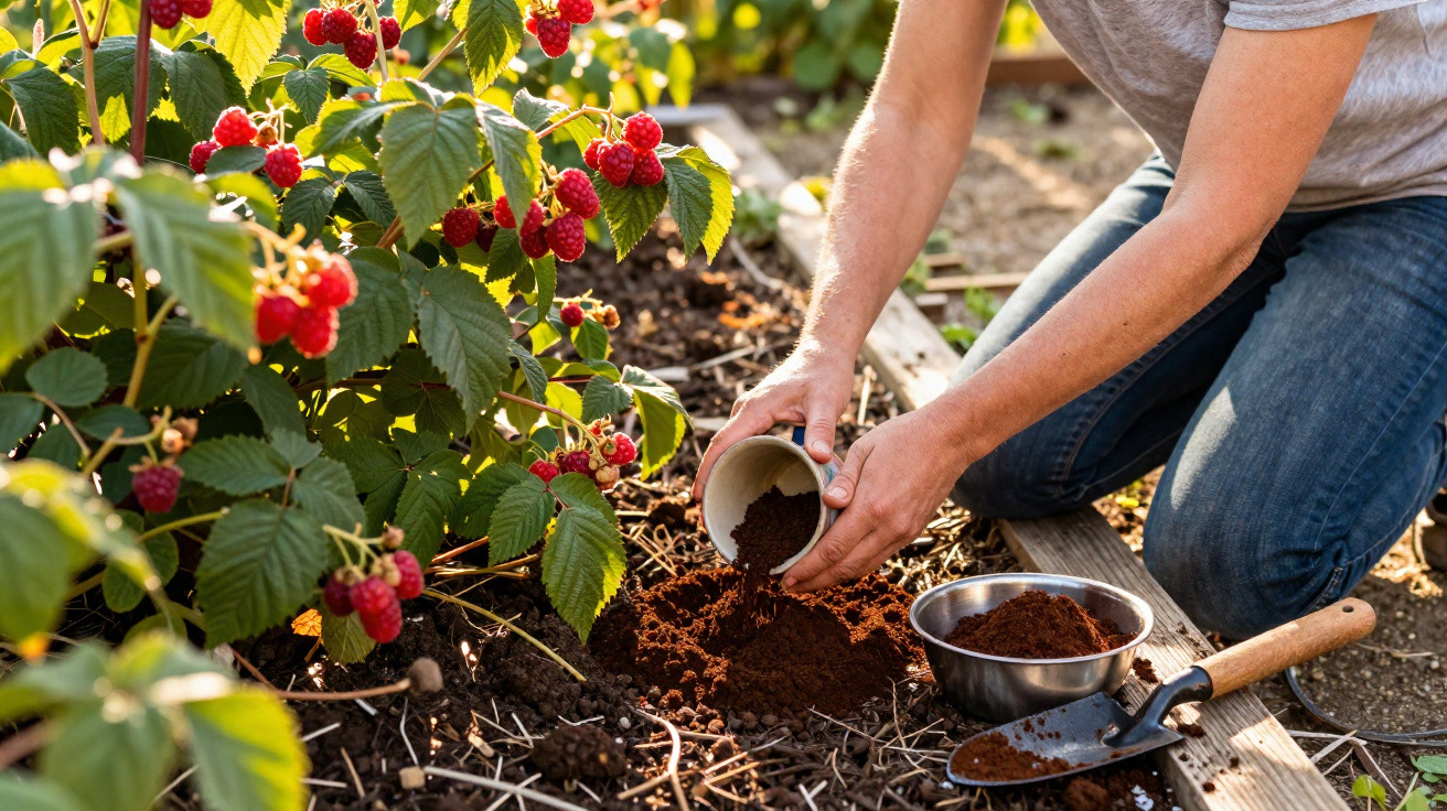 Pessoa a fertilizar solo junto a planta de framboesas vermelhas maduras num jardim.