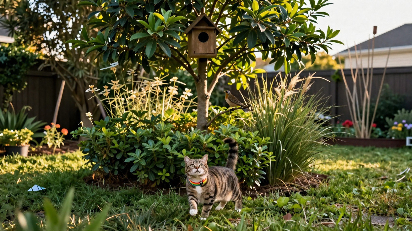 Gato de coleira colorida caminha na relva perto de arbusto com pássaro e casa de madeira no jardim.