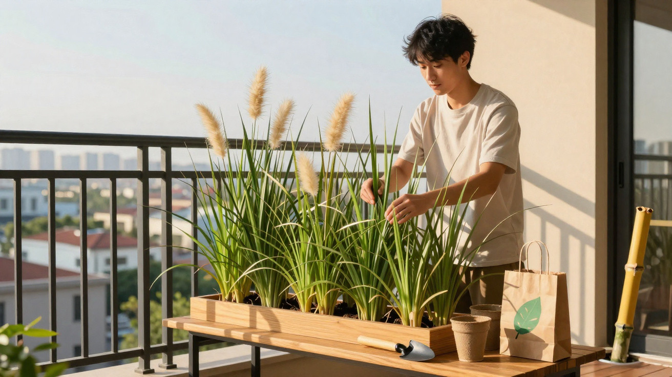 Homem cuida de plantas verdes em vaso de madeira numa varanda urbana ensolarada.
