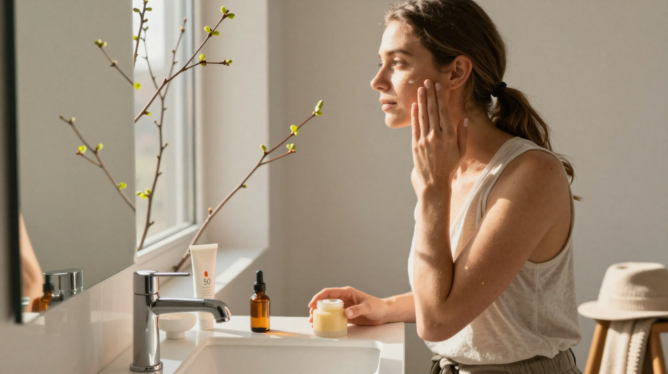 Mulher a cuidar da pele no lavatório de casa, com produtos de beleza e luz natural a entrar pela janela.