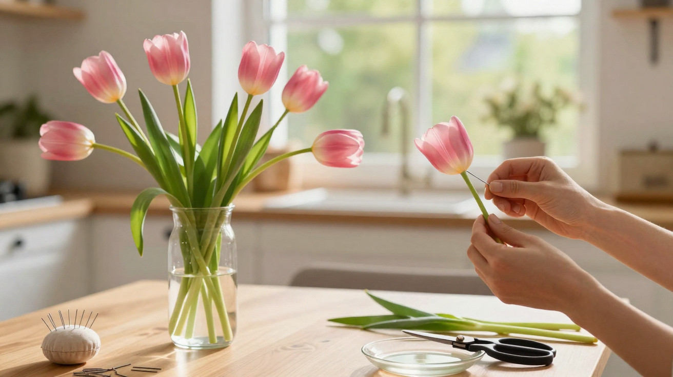 Mãos a arranjar tulipas cor-de-rosa no vaso, com tesoura e alfinetes numa cozinha iluminada.