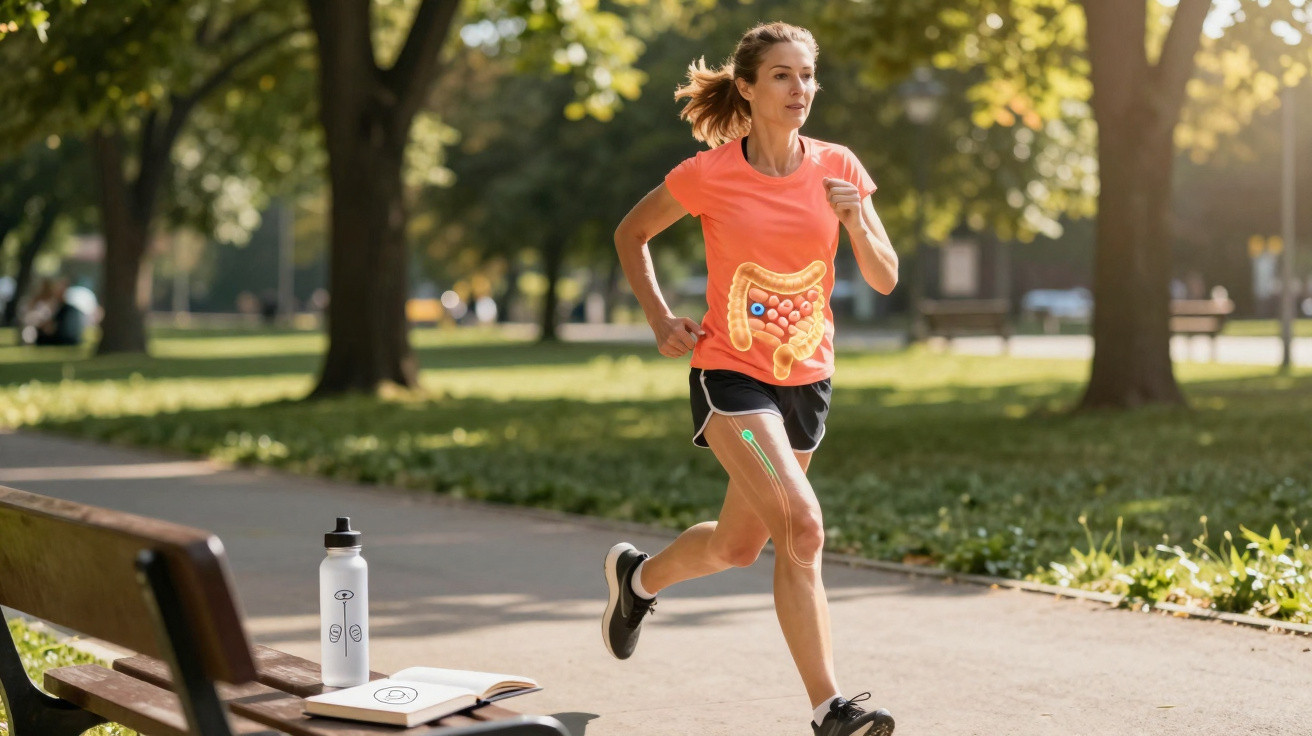 Mulher a correr num parque com ilustração do intestino a indicar saúde digestiva.