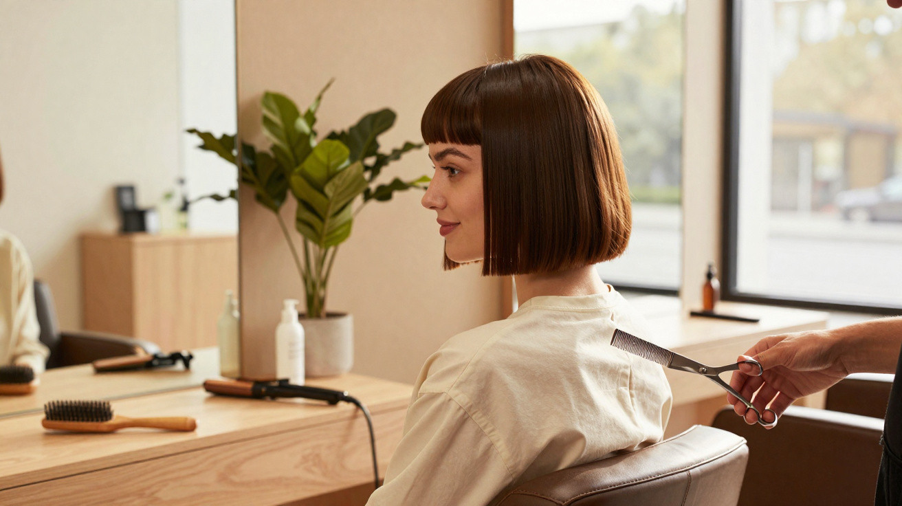 Mulher com cabelo curto e liso sentada numa cadeira, prestes a receber um corte de cabelo num salão moderno.