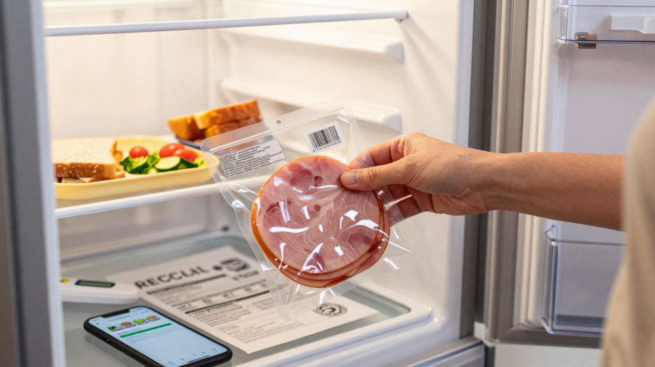 Pessoa a pegar pacote de fiambre numa porta de frigorífico aberto com alimentos e telemóvel dentro.