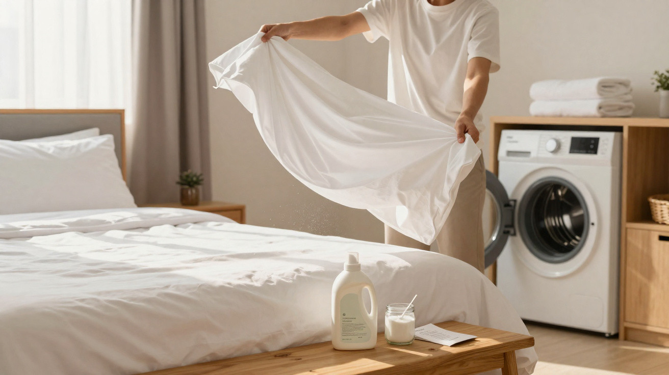 Pessoa a estender um lençol branco em cama com máquina de lavar roupa aberta ao fundo.