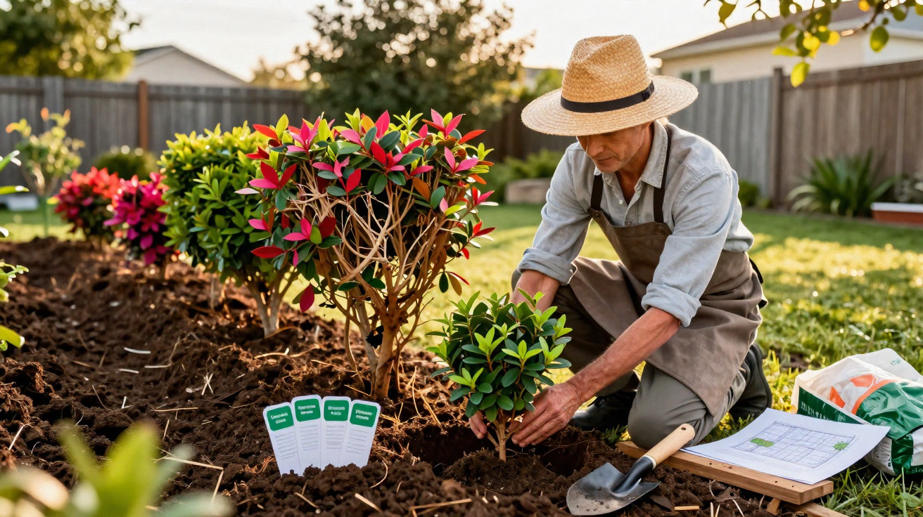 Pessoa a plantar arbusto numa horta com flores, usando chapéu de palha e avental castanho ao pôr do sol.