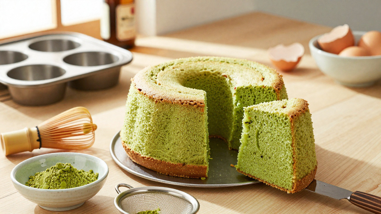 Bolo verde de chá matcha em prato, fatia cortada, ao lado de utensílios de cozinha e ingredientes.