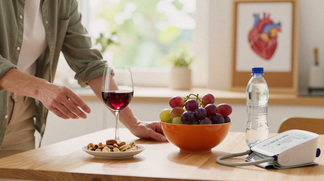 Pessoa segurando copo de vinho tinto ao lado de tigela com uvas, prato com frutos secos e aparelho de medição de pressão.