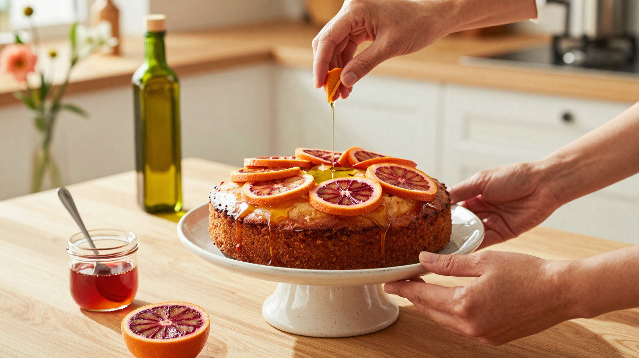 Bolo decorado com fatias de laranja e mel a ser regado numa cozinha iluminada.