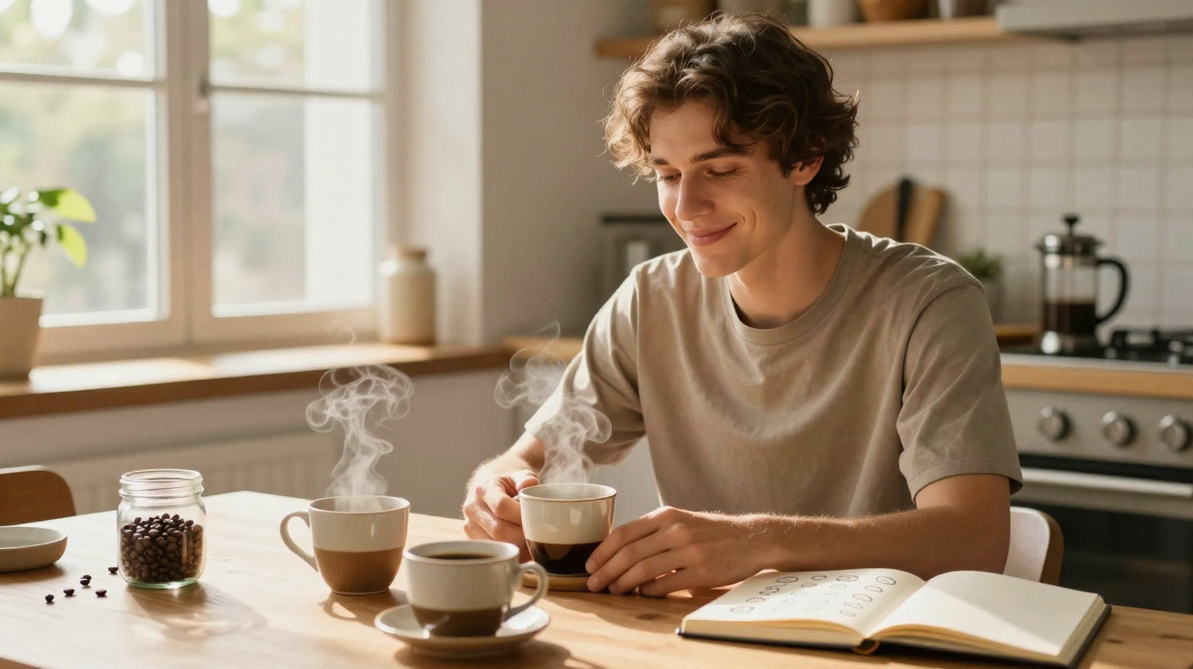 Jovem sentado à mesa da cozinha a beber café quente com livro aberto ao lado.