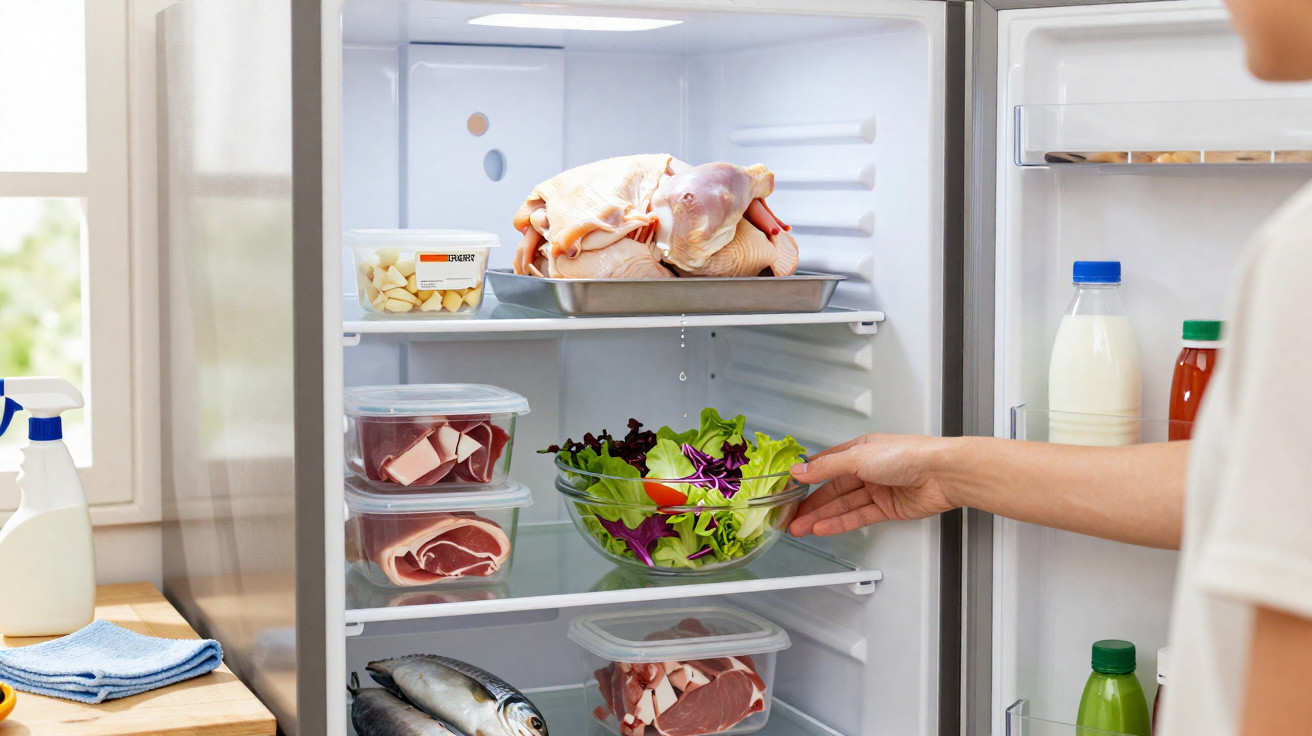 Interior de frigorífico aberto com alimentos, incluindo frango cru, salada, fiambre, peixe e uma mão a agarrar taça de salada