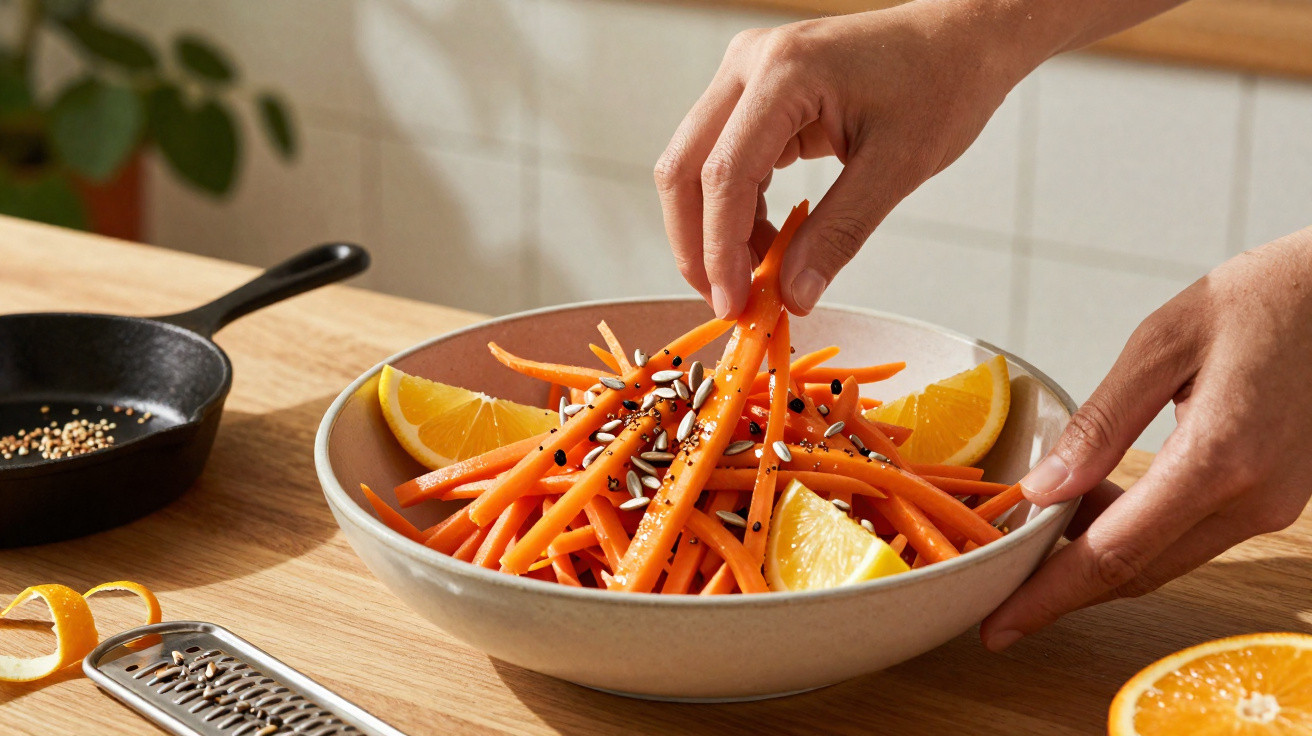 Mãos a espremer limão sobre salada de cenoura com sementes numa taça numa cozinha.