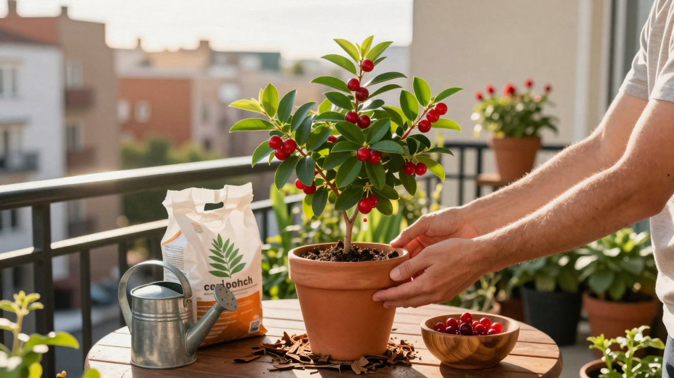 Pessoa a colher frutos vermelhos de uma planta em vaso num terraço com utensílios de jardinagem.