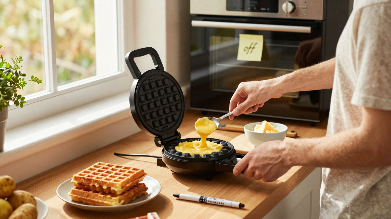 Pessoa a preparar waffles numa máquina elétrica numa cozinha com bancada de madeira e forno ao fundo.