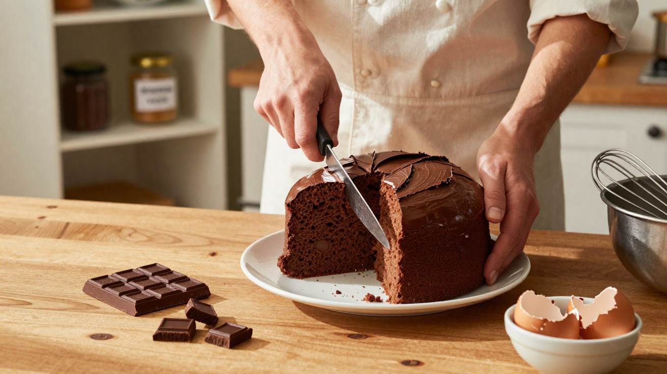 Pessoa a cortar um bolo de chocolate num prato branco sobre uma mesa de madeira numa cozinha.