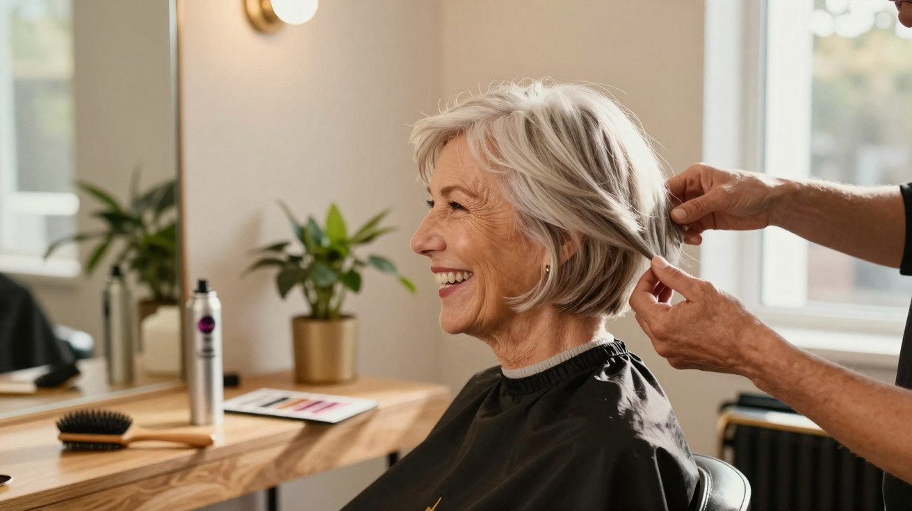 Mulher sénior a sorrir enquanto recebe aplicação de maquilhagem num salão de beleza.