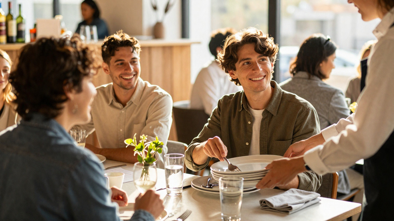 Jovens a almoçar num restaurante, com um empregado a servir pratos e ambiente acolhedor.