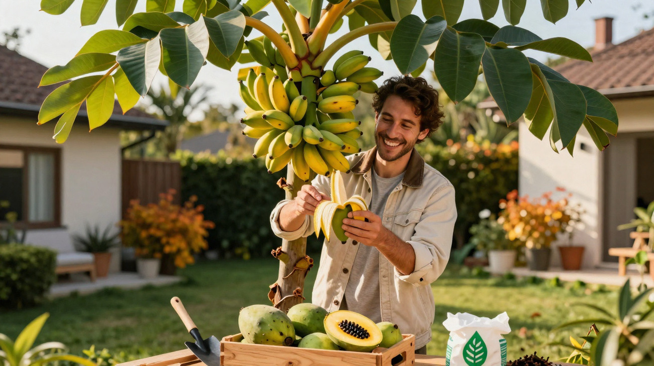 Homem a descascar banana junto a árvore de bananas com mesa de fruta tropical ao ar livre.