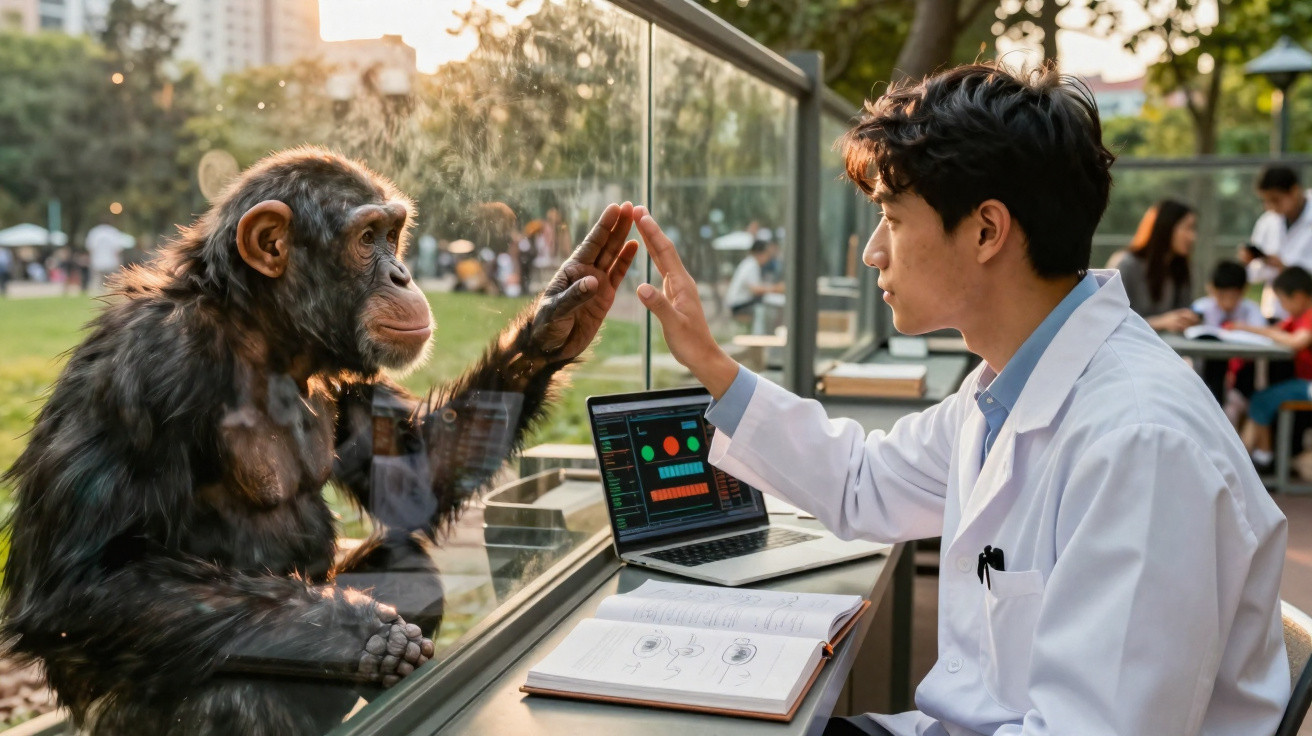 Chimpanzé e cientista em bata encostam as mãos numa janela de vidro entre eles.