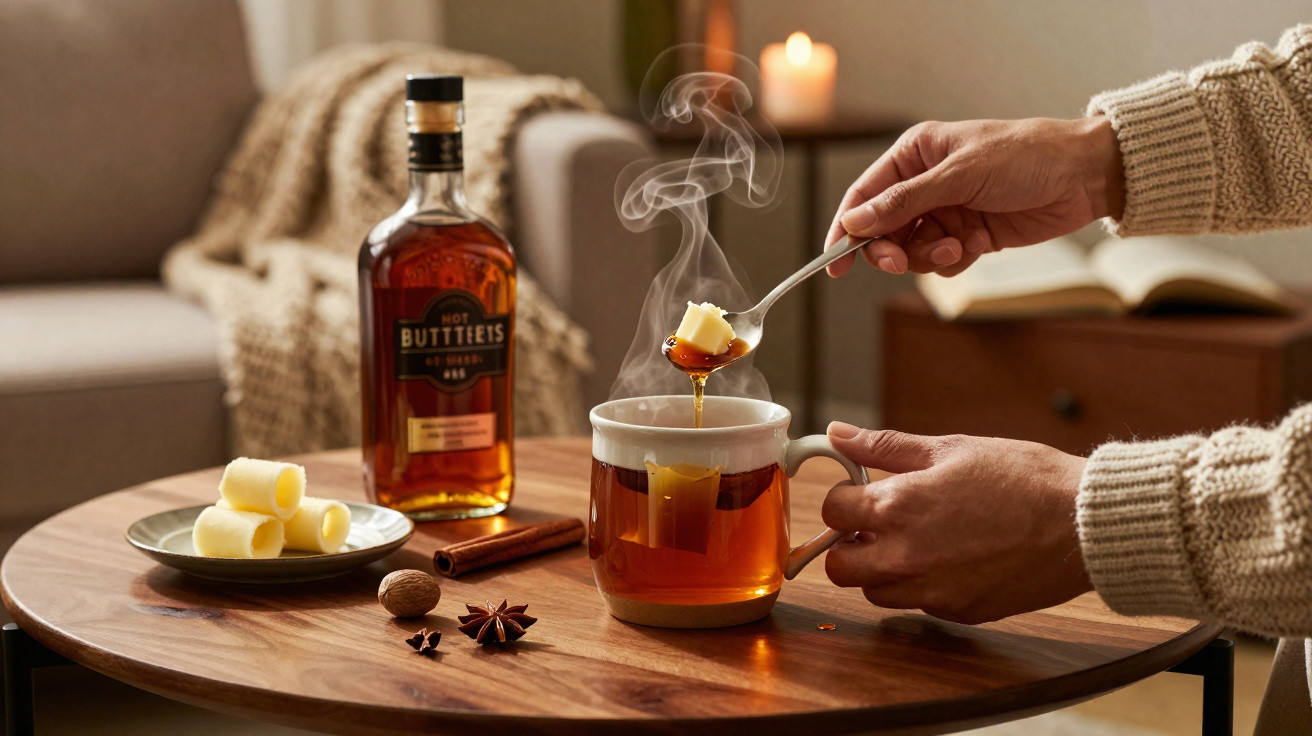 Mãos a mexer chá quente com limão e mel, garrafa, paus de canela e velas acesas numa mesa de madeira.