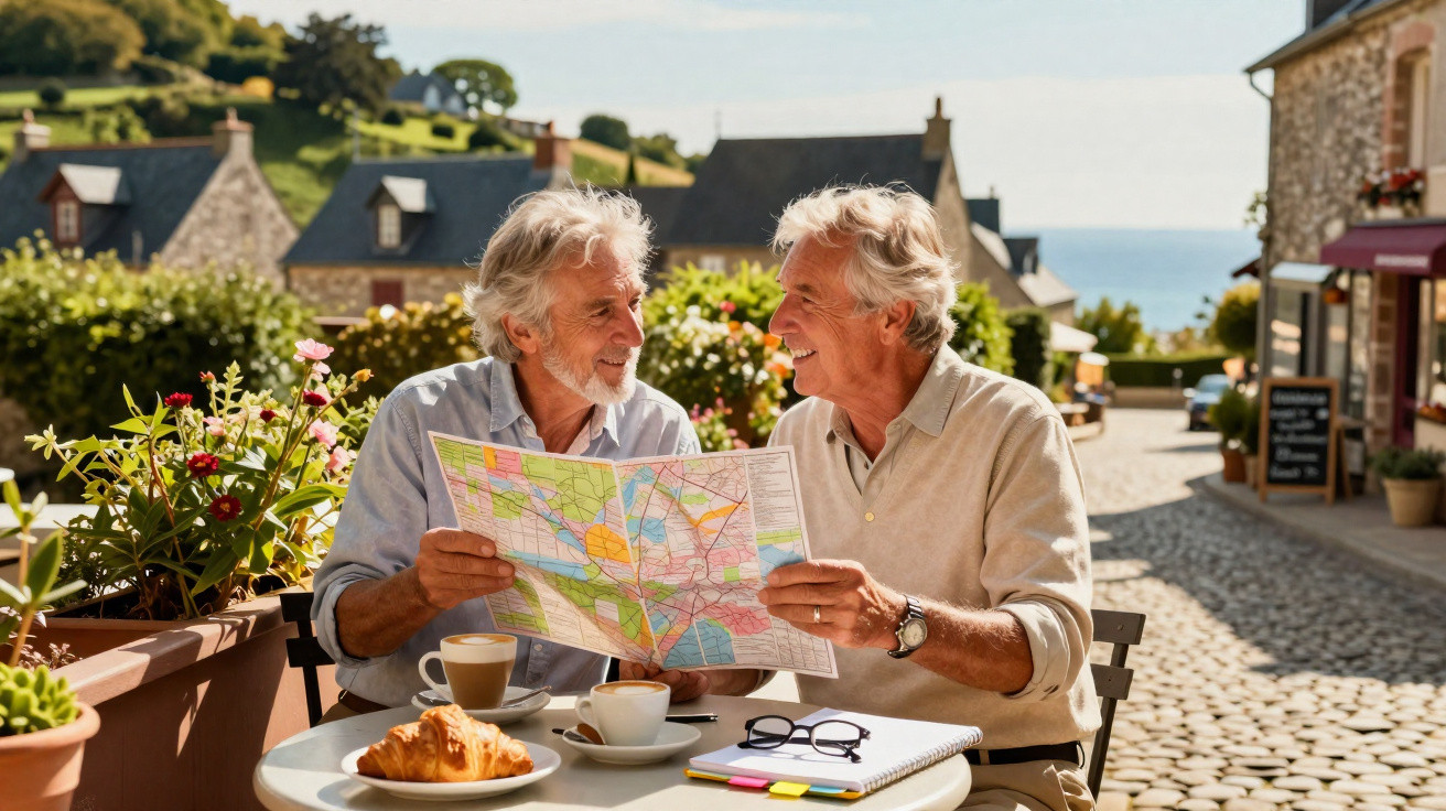 Casal sénior sorri enquanto consulta um mapa numa esplanada em vila pitoresca com cappuccinos e croissant.