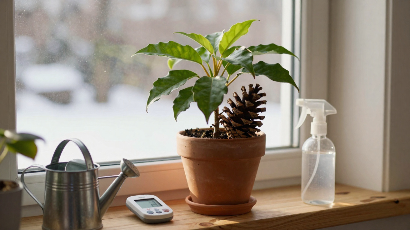 Vaso com planta, regador, termómetro e pinha numa janela com neve lá fora.