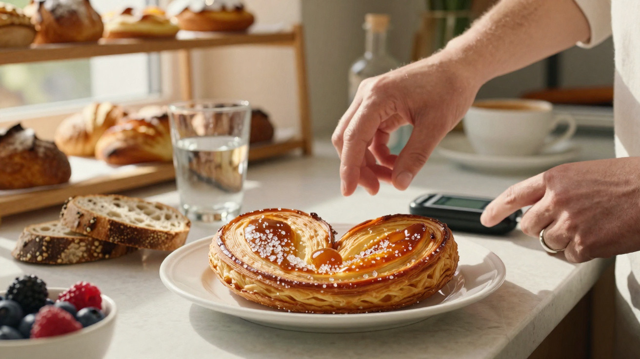 Mão a pegar pastelaria em forma de coração numa mesa com pão, frutos vermelhos, água e monitor de glicemia.