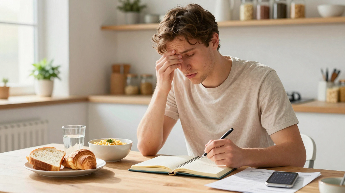 Homem sentado à mesa da cozinha, com as mãos na cabeça, rodeado de alimentos, caderno, documentos e telemóvel.