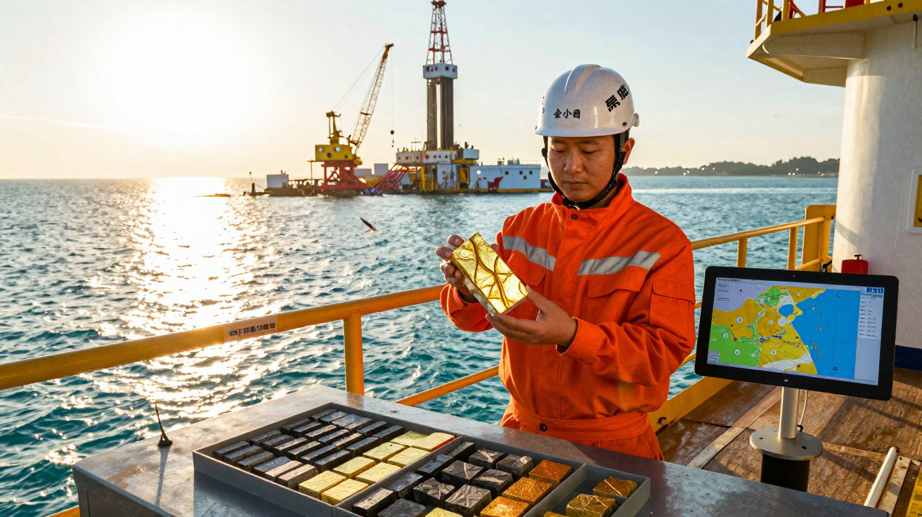 Trabalhador em fato de segurança a segurar amostra de rocha numa plataforma marítima de exploração petrolífera ao pôr do sol.