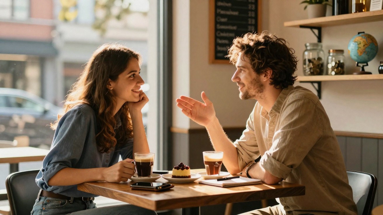Casal sorridente conversa numa cafeteria com cafés e sobremesa numa mesa junto a uma janela.