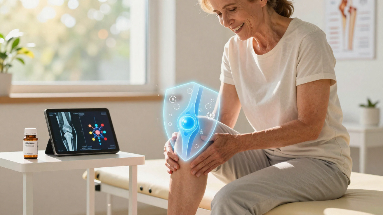 Mulher sorridente sentada no consultório segurando o joelho com holograma da articulação óssea azul.